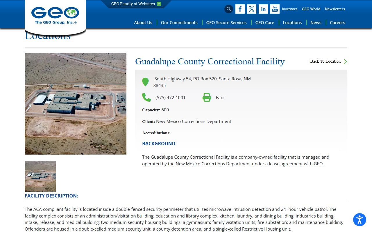 GEO Guadalupe County Correctional Facility capacity and program source page